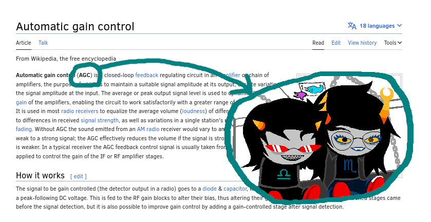 the wikipedia page for "Automatic Gain Control". the abbreviation "AGC" is circled and pointing at an image of vriska and terezi.
