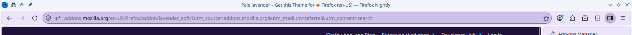 A screenshot of the Topbar in the new Nova design in Firefox Nightly, with the same setup as prior. The bookmarks bar is missing (No account sync), and the right-mounted tabs and lavender theme are still seen. The theme color is more faint, but the Titlebar color- the same white as in the previous screenshot- can be seen extending around and between the Nova design's distinct Content panels for the Top bar, Webpage and the Vertical tabs. It looks like it actually meshes with the native window decoration, unlike the previous design.