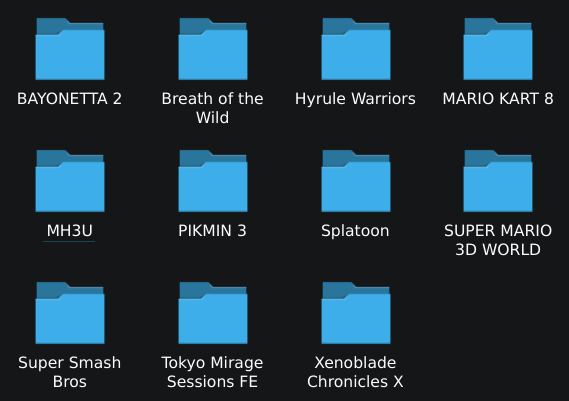 a computer folder showing additional folders each containing various Wii U games