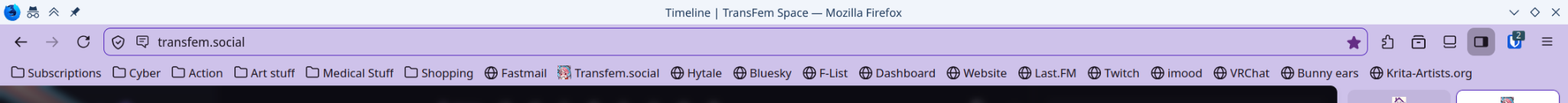 A narrow screenshot of my topbar in my current Stable firefox setup. It's using the Pale Lavender theme from Firefox, with right-mounted vertical tabs shown partially. The Titlebar is enabled, showing the current tab title [Timeline | TransFem Space - Mozilla Firefox]. The Titlebar is in a white color contrasting completely with the Pale Lavender theme, leading to a hard cutoff line distinguishing the native window decoration from the app contents.