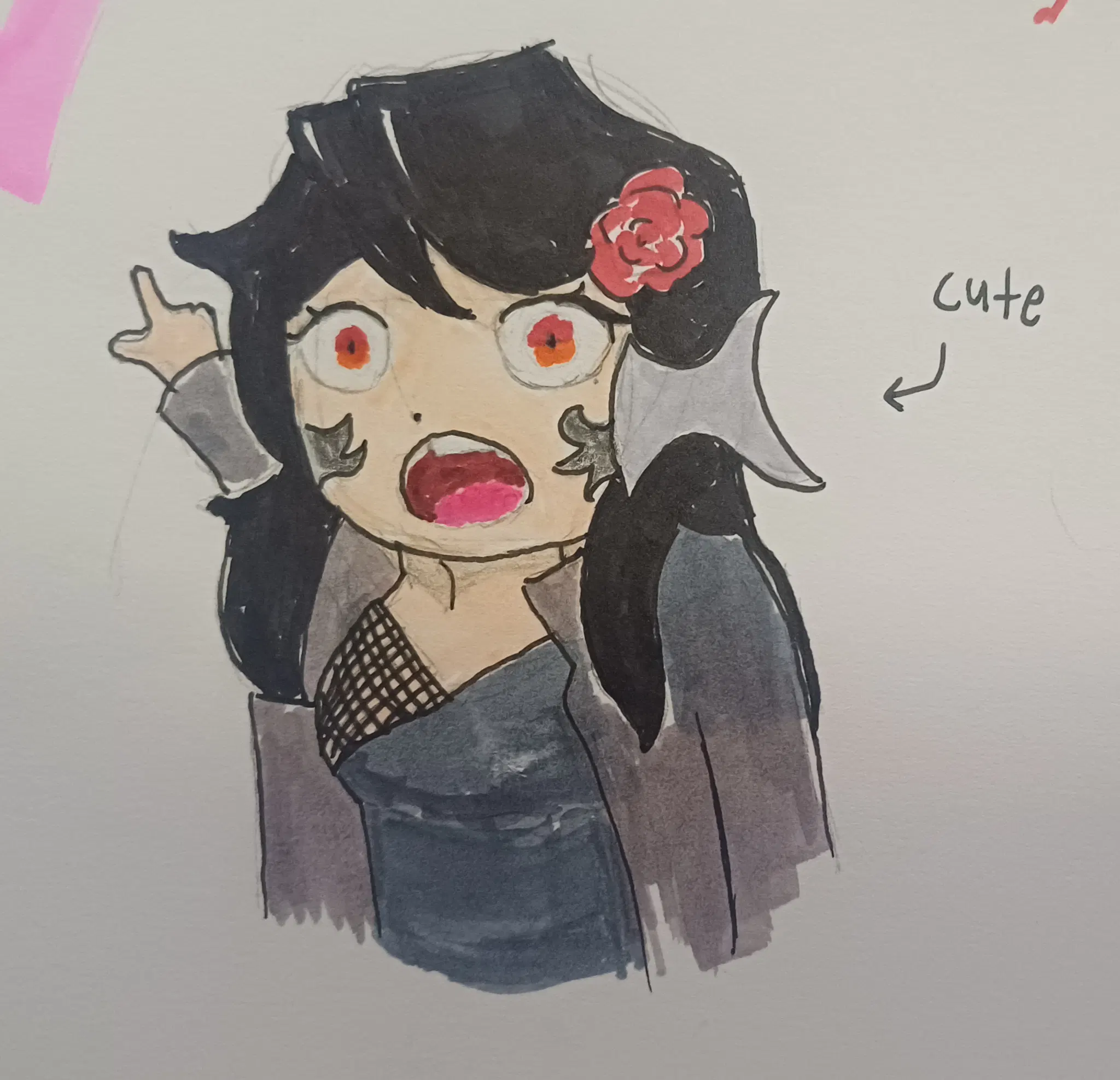 a quick marker drawing of lian's persona. she's pointing at something behind her with her mouth agape. she's wearing a vest over a v-neck top, and has a rose above her left ear (or whatever the ear equivalent is for au ra from ffxiv). an arrow with the word "cute" points at her