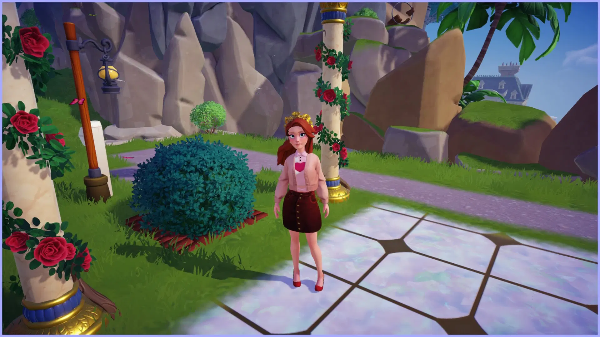 game screenshot of a long-haired ginger main character in a red miniskirt and pink top with a big red heart on it. i have a tiara and red heels and i'm feeling cute