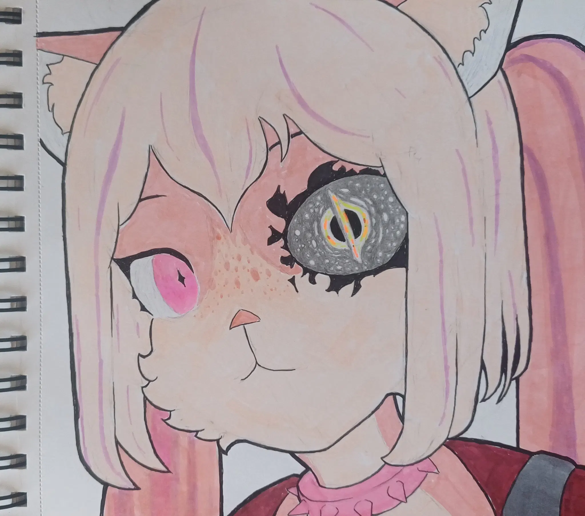 a close up portrait of a furry catgirl with light pink fur. she's looking at the viewer with an asymmetric pair of eyes: her right eye is pink and magenta with a black star-shaped pupil, and her left eye contains a starry void, with a black hole where its pupil would be. she has twintails and short hair going down to her chin, with her cat ears poking out the sides. she's wearing a pink spiked collar and a dark red vest