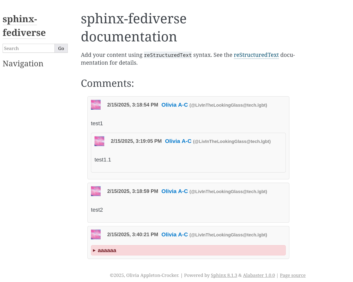 The first version of sphinx-fediverse shown in the Sphinx Alabaster theme. It's very plain and white. In it you can see a demonstration of several key features: threaded replies and content warnings